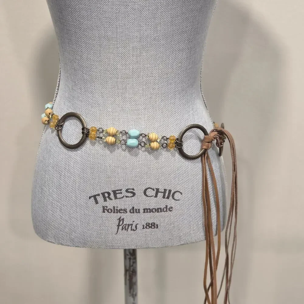 Boho Beaded Chain Belt Leather Fringe Turquoise Wood Beads Antique Gold Western